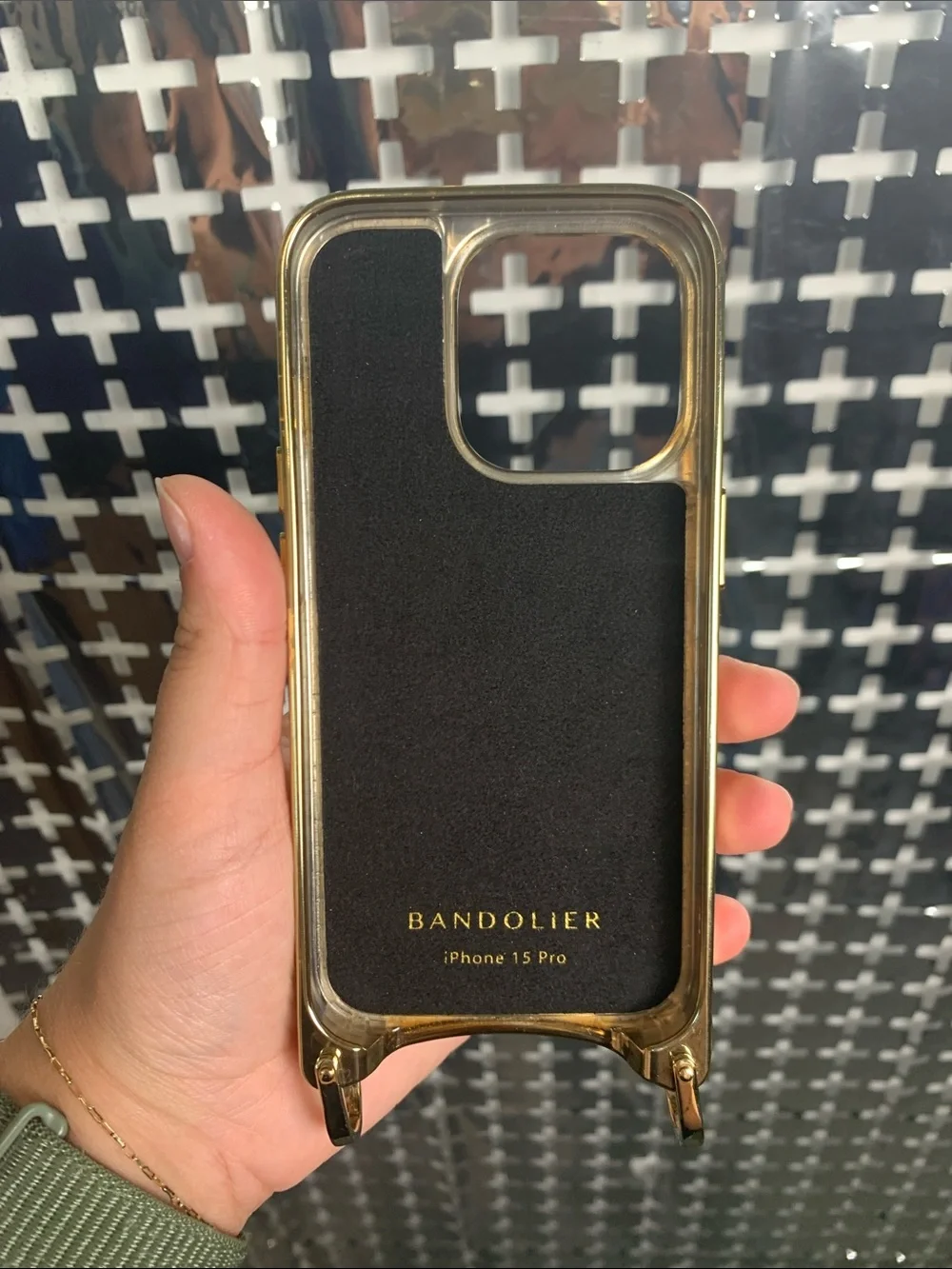 Bandolier Metallic Gold Card Pocket iPhone 15 Pro Case with Reptile Texture